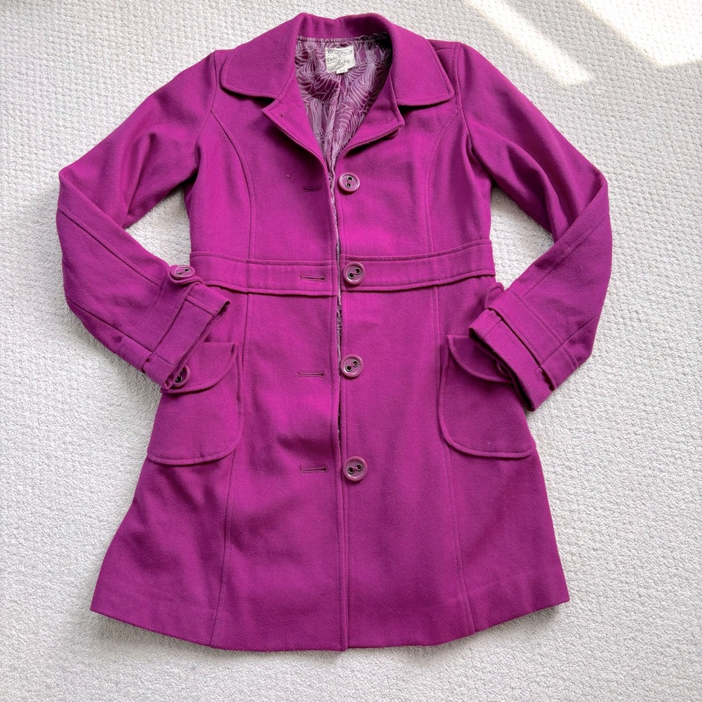 Anthropologie Tulle Magenta pink wool long winter pea coat